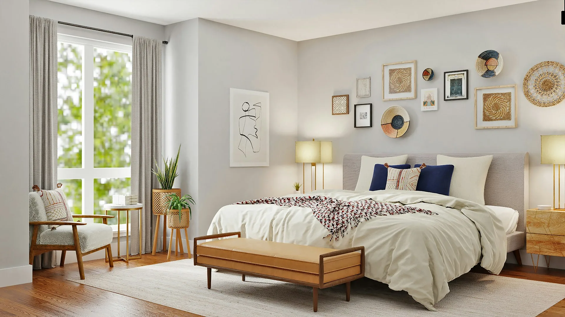 Calm bedroom with warm neutral walls and bright windows
